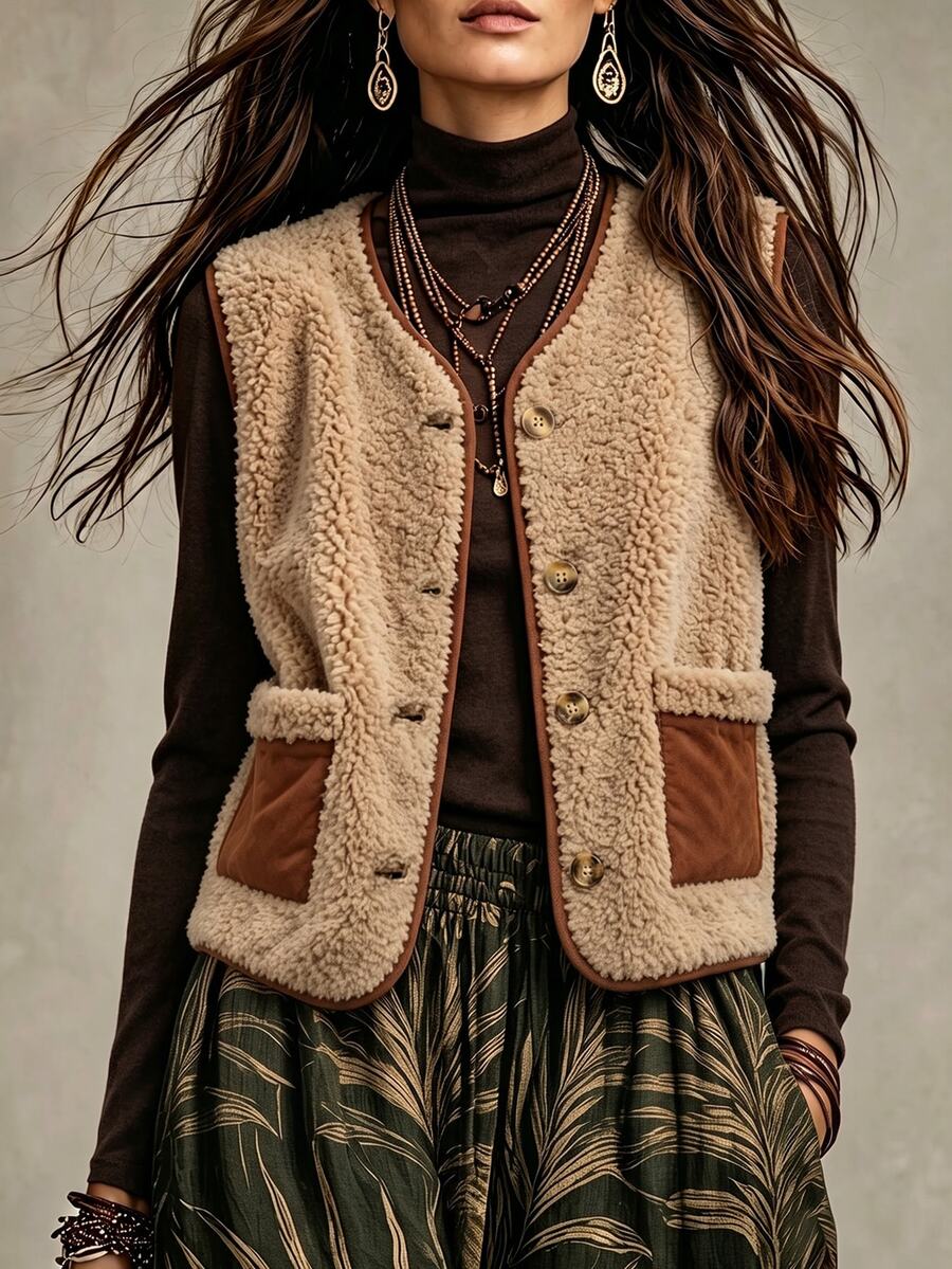 Vavine Women's Casual Autumn/Winter Plush Vest Jacket - Brown - View 1