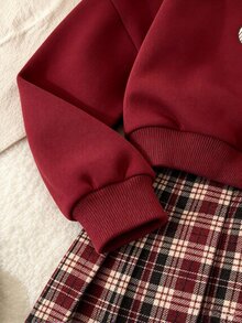 SHEIN Sparklyn 青少年女孩秋季上衣2件套 T恤套裝，復古、寬鬆、針織、休閒、秋季、假日穿搭、舒適 - 酒紅色 - 查看 6