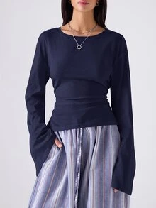 LYSMO 女款純白色夏季繃帶日常T恤，極簡純色抽繩收腰長帶喇叭袖上衣，優雅休閒女式襯衫 - 藏蓝色 - 查看 2