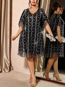 Cravure Plus Size Women's Sequin Fashion Date Party Dress - Grey - View 3