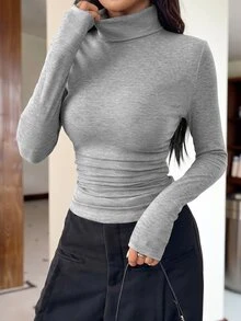 SHEIN EZwear Encore 酒紅色針織高領修身長袖女款 T-shirt 上衣，適合居家、上班、外出，秋季休閒穿搭 - 淺灰色 - 查看 7