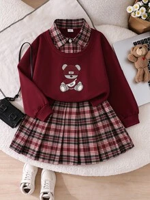SHEIN Sparklyn 青少年女孩秋季上衣2件套 T恤套裝，復古、寬鬆、針織、休閒、秋季、假日穿搭、舒適 - 酒紅色 - 查看 3