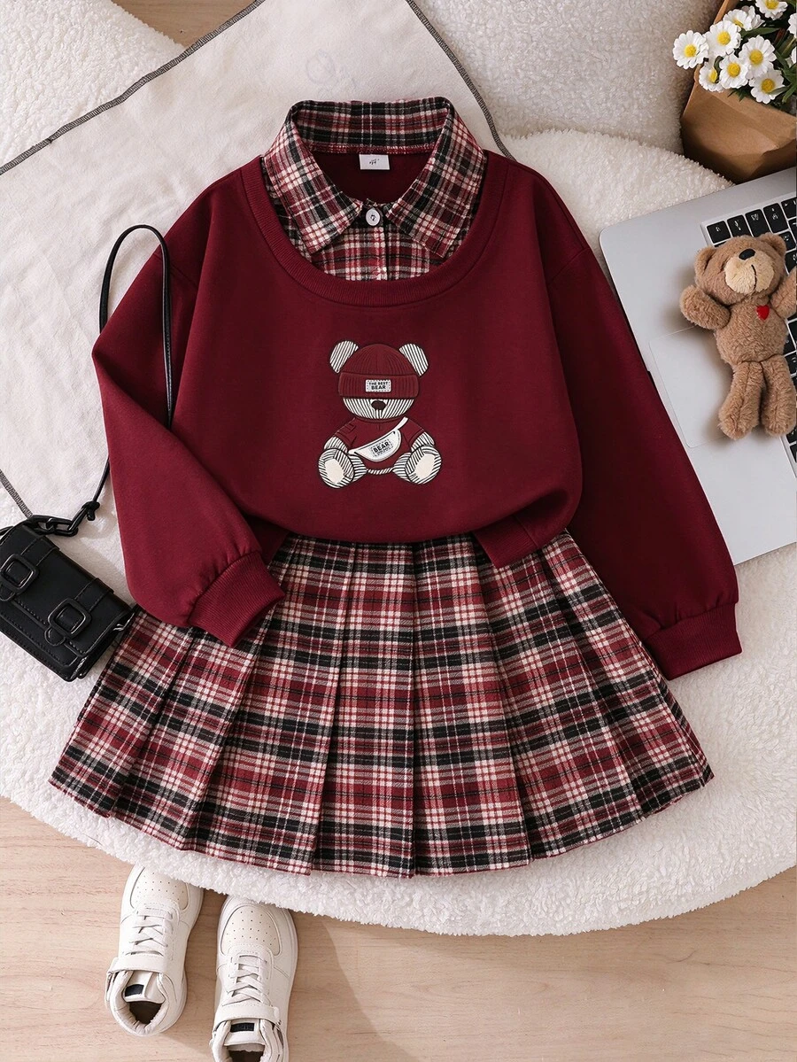 SHEIN Sparklyn Tween Girls Fall Tops 2pcs Set T-Shirt Co-Ords,Vintage,Loose, Knit, Casual, Fall, Holiday Outfits, Comfortable - Burgundy - View 1