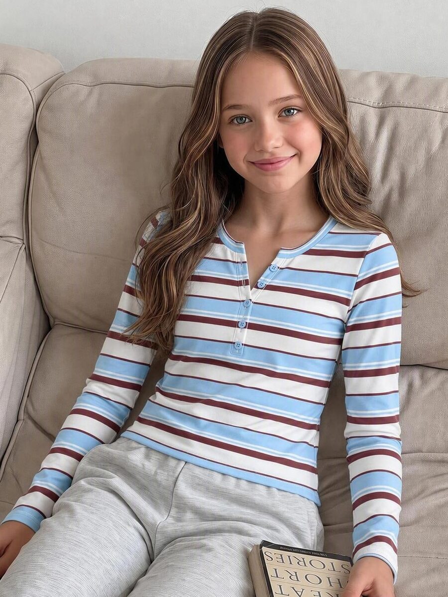 SHEIN Tween Girl Tween Girl Blue Striped Pattern Long Sleeve Slim Fit Crew Neck Button T-Shirt Casual - Dark Grey - View 1