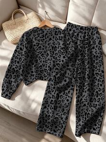 Setelan Sweatshirt Pullover Motif Leopard dan Huruf untuk Gadis Manis & Keren, Sweatshirt Leher Bulat Kasual dan Celana Panjang Lurus 2 Potong, Cocok untuk Pakaian Musim Gugur/Musim Dingin - MultiWarna - View 2