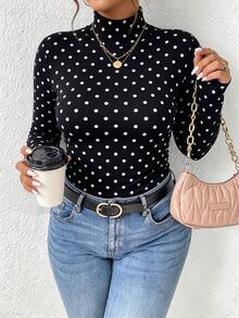 SHEIN Frenchy Plus Size Polka Dot Fabric High Neck Long Sleeve T-Shirt, Suitable For Autumn/Winter, Black Base Layer - Black - View 4