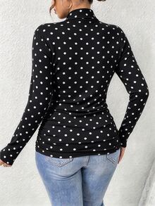 SHEIN Frenchy Plus Size Polka Dot Fabric High Neck Long Sleeve T-Shirt, Suitable For Autumn/Winter, Black Base Layer - Black - View 2