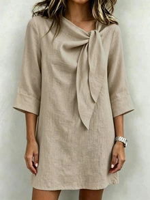Selamara Gaun Wanita Model French Gentle Bowknot Ribbon V-Neck, Kain Linen Bertekstur, Lengan 3/4 dengan Manset, Potongan Longgar Lurus, Gaun Pendek untuk Beraktivitas Sehari-hari - Khaki - View 1