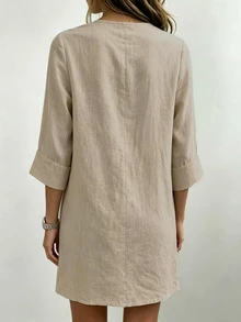 Selamara Gaun Wanita Model French Gentle Bowknot Ribbon V-Neck, Kain Linen Bertekstur, Lengan 3/4 dengan Manset, Potongan Longgar Lurus, Gaun Pendek untuk Beraktivitas Sehari-hari - Khaki - View 2