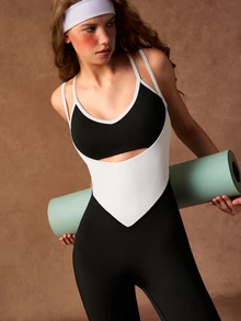 VARSIVA Bộ jumpsuit thể thao nữ phối màu phong cách thường ngày mặc hàng ngày - Đen và trắng - Xem 6