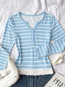 SHEIN 青少年女孩條紋蕾絲拼接休閒日常長袖衛衣 - 藍色 - 查看 10