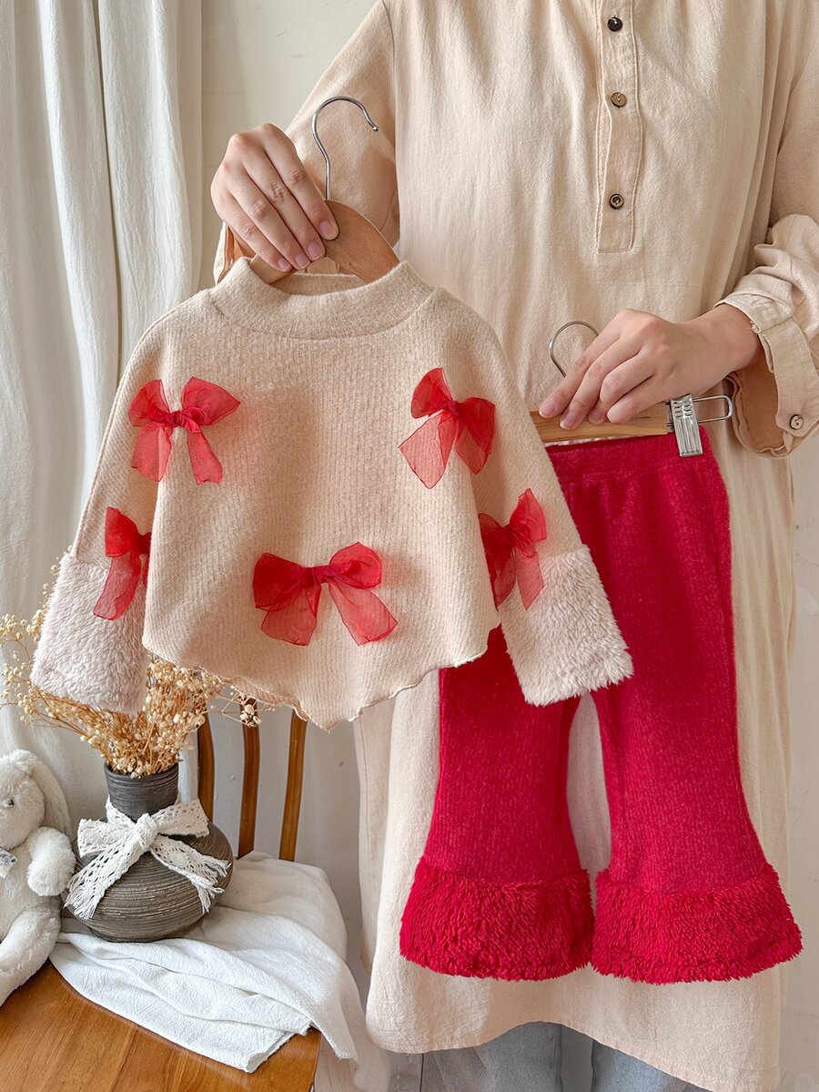 SHEIN Playful Pals Baby Girl 0‑3Y Ribbed Knit Long Sleeve Top & Flared Pants Set, Mesh Bow Decor Fleece Cuff Half‑High Neck Irregular Hem Fall Winter Outfit - Red and White - View 1