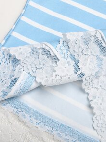 SHEIN 青少年女孩條紋蕾絲拼接休閒日常長袖衛衣 - 藍色 - 查看 8