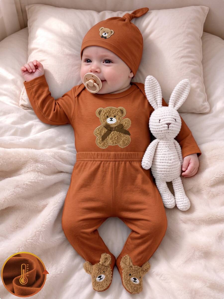SHEIN 3pcs/Set Newborn Baby Cute Cat Face Print Long Sleeve Bodysuit, Pants + Hat Outfit Set, Spring/Autumn Fall Winter Work Pink And Black Pink And Red - Brown - View 1