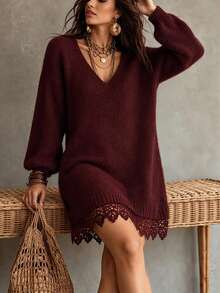 Linhara CURVE 1pc Women's Plus Size Dropped Shoulder Long Sleeve Contrast Lace Loose Comfortable Knit Sweater Dress, Suitable For Daily Commute, Casual, Party, Spring And Autumn - Burgundy - View 4