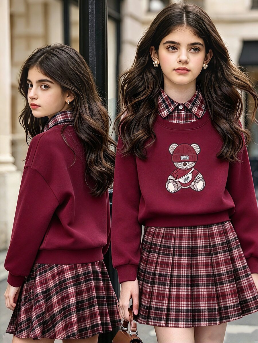 SHEIN Sparklyn 青少年女孩秋季上衣2件套 T恤套裝,復古、寬鬆、針織、休閒、秋季、假日穿搭、舒適 - 酒紅色 - 查看 1