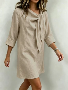 Selamara Gaun Wanita Model French Gentle Bowknot Ribbon V-Neck, Kain Linen Bertekstur, Lengan 3/4 dengan Manset, Potongan Longgar Lurus, Gaun Pendek untuk Beraktivitas Sehari-hari - Khaki - View 3