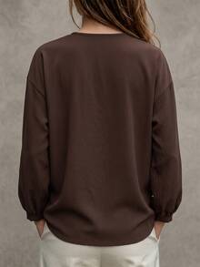 EMERY ROSE Plus Size V-Neck Women's Spring/Autumn Daily Comfortable Casual Frog Button Long Sleeve Shirt Fall - Coffee Brown - View 2