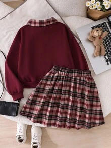 SHEIN Sparklyn 青少年女孩秋季上衣2件套 T恤套裝，復古、寬鬆、針織、休閒、秋季、假日穿搭、舒適 - 酒紅色 - 查看 2