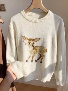 SHEIN 少女寬鬆落肩鹿圖案針織衫，杏色，聖誕秋冬少女款 - 杏色 - 查看 2
