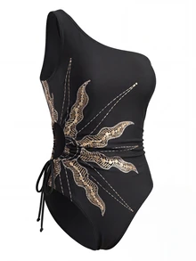CAJUNI Women's One-Shoulder Hollow One-Piece Swimsuit, Suitable For Beach Vacation, Pool Party, Beach Party Black Summer Sexy - Black - View 3