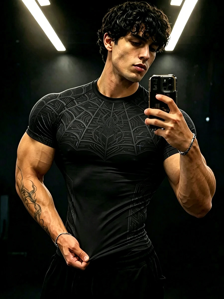 GymBeat Men's Plus Size Spider Pattern Casual Daily Wear Sports T-Shirt - Black - View 1