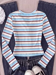 SHEIN Tween女孩藍色條紋圖案長袖修身圓領鈕扣T恤休閒款 - 深灰色 - 查看 3
