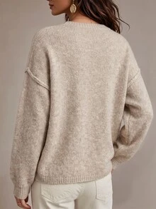 Trelyra New Arrival Women's OatColor CrewNeck Knit Cardigan With NewChineseStyle Frog Buttons For Autumn & Winter, LooseFit DropShoulder LongSleeve Swe - Khaki - View 3