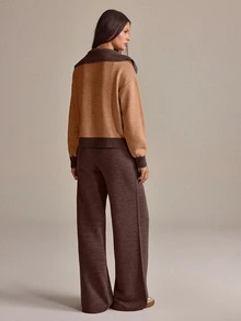 Lumivelle Women Polo Neck Draped Detailed Sweater And Sweater Pant 2pcs Set Co-Ords - Brown - View 8