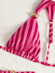 Swim Mod طقم بيكيني نسائي مثير وجميل للربيع/الصيف، بطبعة مخططة وزينة معدنية وحمالات سميكة، مناسب للشاطئ ومهرجانات الموسيقى - متعدد الألوان - مشاهدة 5