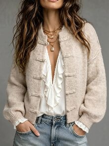 Trelyra New Arrival Women's OatColor CrewNeck Knit Cardigan With NewChineseStyle Frog Buttons For Autumn & Winter, LooseFit DropShoulder LongSleeve Swe - Khaki - View 1