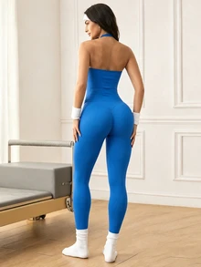 Easithlete Women's 2Pcs Yoga Set Thick Strap Halter Bra + Tummy Control High Waist 3" Butt Lifting Biker Shorts - Royal Blue - View 2