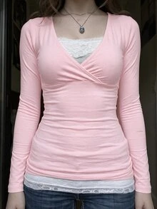 CovetEZ 女款甜美休閒性感清新百褶長袖百搭T恤，適合約會與日常穿著，秋季湖水藍 - 粉色 - 查看 7