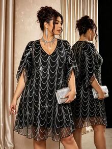 Cravure Plus Size Women's Sequin Fashion Date Party Dress - Grey - View 5