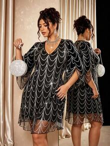 Cravure Plus Size Women's Sequin Fashion Date Party Dress - Grey - View 8