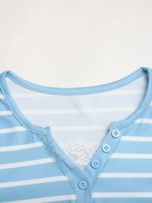 SHEIN 青少年女孩條紋蕾絲拼接休閒日常長袖衛衣 - 藍色 - 查看 5