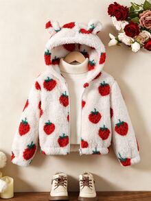 SHEIN Playful Pals 女童可愛厚絨連帽外套，單件，可愛草莓圖案，毛絨面料，連帽附可愛熊耳裝飾，白色前拉鍊，長袖，柔軟舒適面料，適合女童，可愛甜美俏皮休閒時尚穿搭，適合日常穿著、上學、外出、度假、派對，秋冬季 - 紅白色 - 查看 4