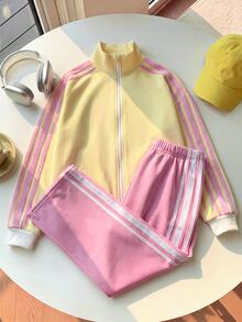 SHEIN Tween女孩休閒新款秋冬粉黃拼色長袖拉鍊夾克與長褲2件套，返校季秋冬服飾開襟夾克套裝 - 粉色 - 查看 3