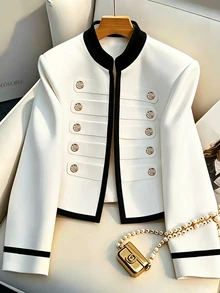 SHEIN Franclia Women's French Style Stand Collar Colorblock Patchwork Double-Breasted Metal Button Cropped Blazer, Elegant Slim Fit Commuter Top For Petite Women - White - View 1