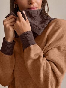 Lumivelle Women Polo Neck Draped Detailed Sweater And Sweater Pant 2pcs Set Co-Ords - Brown - View 7