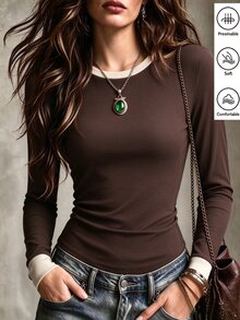 Selianne Women's Brown Colorblock Round Neck Knitted Base Layer Top, Colorblock Cuff Design, Ribbed Slim Fit Flattering Short Length Long Sleeve T-Shirt - Multicolor - View 3
