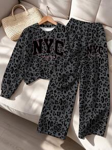 Setelan Sweatshirt Pullover Motif Leopard dan Huruf untuk Gadis Manis & Keren, Sweatshirt Leher Bulat Kasual dan Celana Panjang Lurus 2 Potong, Cocok untuk Pakaian Musim Gugur/Musim Dingin - MultiWarna - View 4