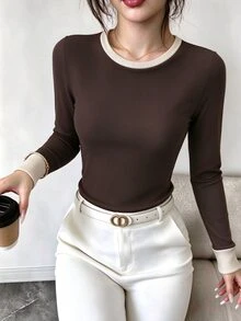 Selianne Women's Brown Colorblock Round Neck Knitted Base Layer Top, Colorblock Cuff Design, Ribbed Slim Fit Flattering Short Length Long Sleeve T-Shirt - Multicolor - View 2