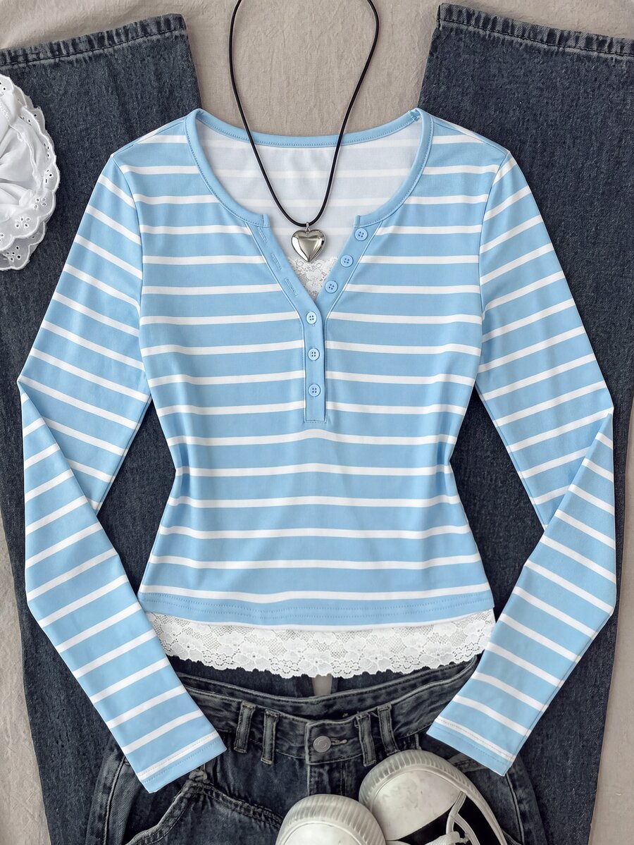 SHEIN Sweatshirt Lengan Panjang Kasual Harian Motif Garis-Garis dan Renda untuk Anak Perempuan Remaja - Biru - View 1