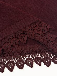 Linhara CURVE 1pc Women's Plus Size Dropped Shoulder Long Sleeve Contrast Lace Loose Comfortable Knit Sweater Dress, Suitable For Daily Commute, Casual, Party, Spring And Autumn - Burgundy - View 5
