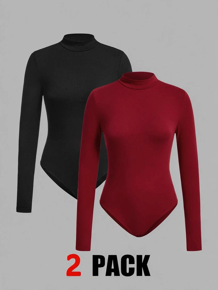 SHEIN EZwear 女款兩件套立領長袖連身衣,多色針織,適合冬季 - 彩色 - 查看 1