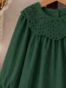 SHEIN 1件女童秋季新款清新風格寬鬆長袖洋裝，彈性袖口、精緻領口、後開口設計，休閒百搭返校大學出遊洋裝 - 綠色 - 查看 4