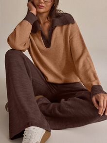 Lumivelle Women Polo Neck Draped Detailed Sweater And Sweater Pant 2pcs Set Co-Ords - Brown - View 3