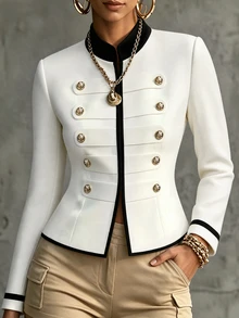 SHEIN Franclia Women's French Style Stand Collar Colorblock Patchwork Double-Breasted Metal Button Cropped Blazer, Elegant Slim Fit Commuter Top For Petite Women - White - View 6
