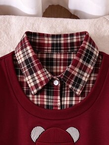 SHEIN Sparklyn 青少年女孩秋季上衣2件套 T恤套裝，復古、寬鬆、針織、休閒、秋季、假日穿搭、舒適 - 酒紅色 - 查看 4